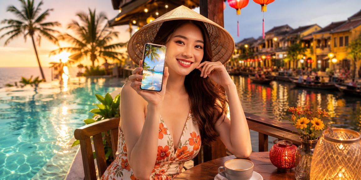 Người dùng tại Hội An trải nghiệm casino trên điện thoại bên ly cà phê
